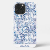 Blauwe florale naadloze patroon, gepersonaliseerde iPhone hoesje (Achterkant)