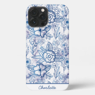 Blauwe florale naadloze patroon, gepersonaliseerde iPhone 13 pro max hoesje