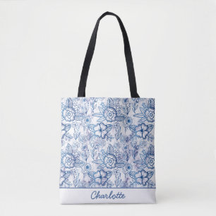 Blauwe florale naadloze patroon, gepersonaliseerde tote bag