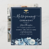 Blauwe florale Nurse pinning ceremonie Uitnodiging (Voorkant / Achterkant)