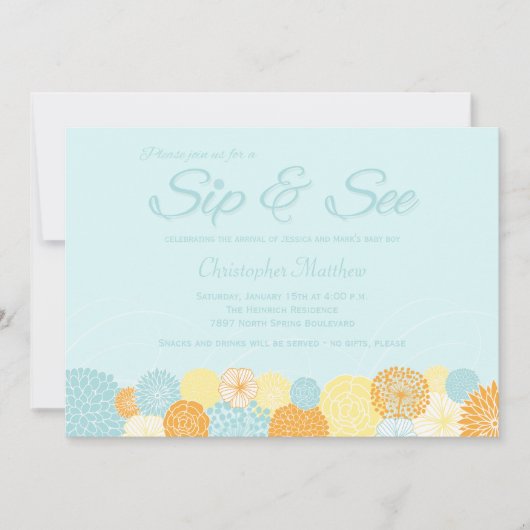 Blauwe florale sip en zie uitnodiging voor nieuwe  (Voorkant)