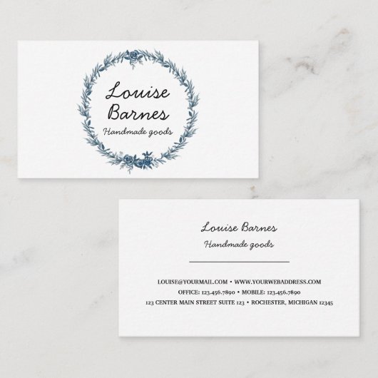 Blauwe florale waterverf met visitekaartje (Voorkant / Achterkant)