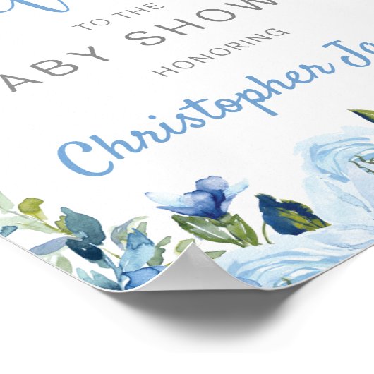Blauwe florale zilverbijtende baby shower, welkoms poster (Hoek)