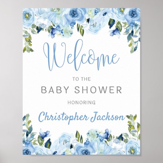 Blauwe florale zilverbijtende baby shower, welkoms poster (Voorkant)