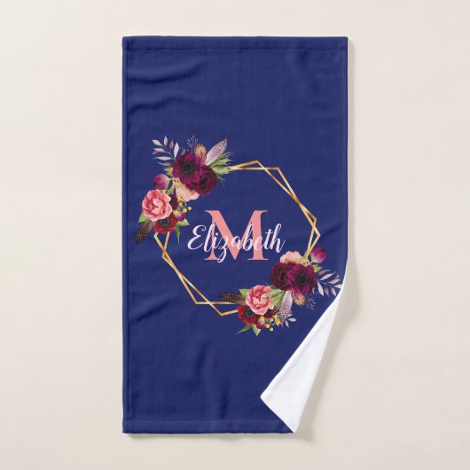 Blauwe floralen geometrische bogundmonogram bad handdoek (Handdoek)