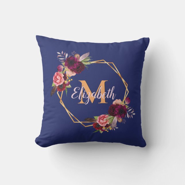 Blauwe floralen met goudmonogram buitenkussen (Voorkant)