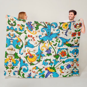 BLAUWE FLORALIJNSE RENAISSANCEKRULLEN, BLOEMEN FLEECE DEKEN