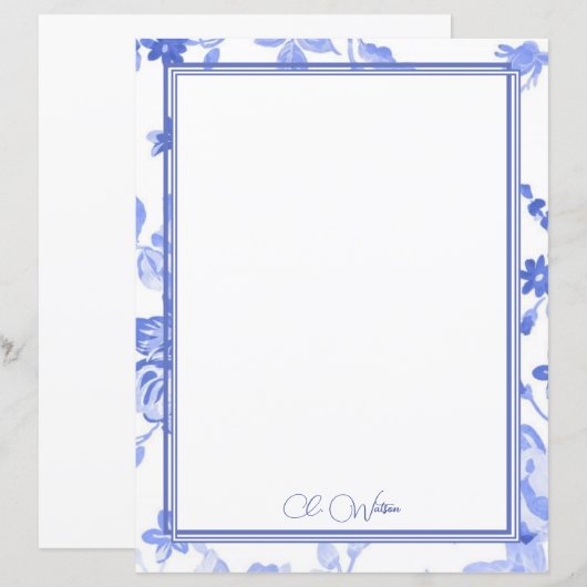 Blauwe Florals op het Witboek Aangepaste Blad (Voorkant / Achterkant)