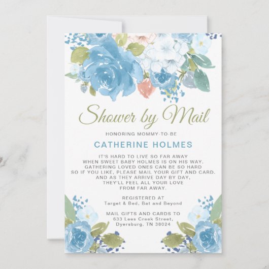 Blauwe Florals schower per e-mail Baby shower uitn Aankondiging (Voorkant)