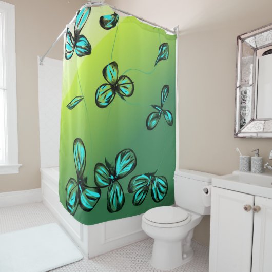 Blauwe Florets op Groene Shower Curtain Douchegordijn (In situ)