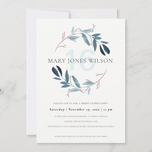 BLAUWE FOLIAGE WREATSWEET 16 BIRTHDAY KAART (Voorkant)