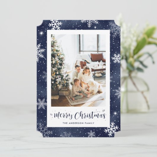 Blauwe Folie Foto Vrolijk Kerstfeest Feestdagenkaart (Staand voorkant)
