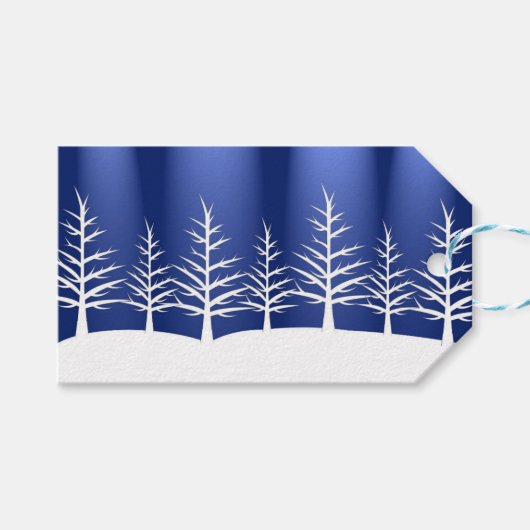 Blauwe Folie Kijk met witte kerstbomen Cadeaulabel (Voorkant (Horizontaal))