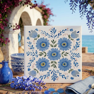 Blauwe Folk Art Bloemendecoratie Keramische Tegel Tegeltje