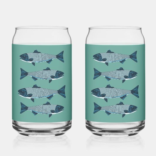 Blauwe Folk Art Forel/Zalm Blikvorm Glas (Voorkant)
