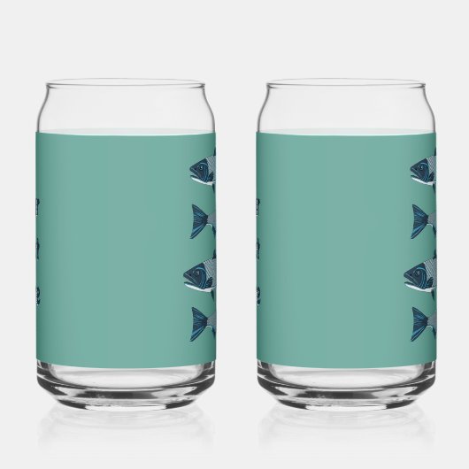 Blauwe Folk Art Forel/Zalm Blikvorm Glas (Rechts)