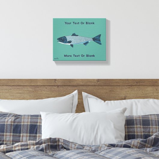 Blauwe Folk Art Forel/Zalm Canvas Afdruk (Insitu (Slaapkamer))