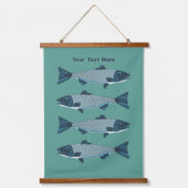 Blauwe Folk Art Forel/Zalm Hangend Wandkleed (Voorkant)