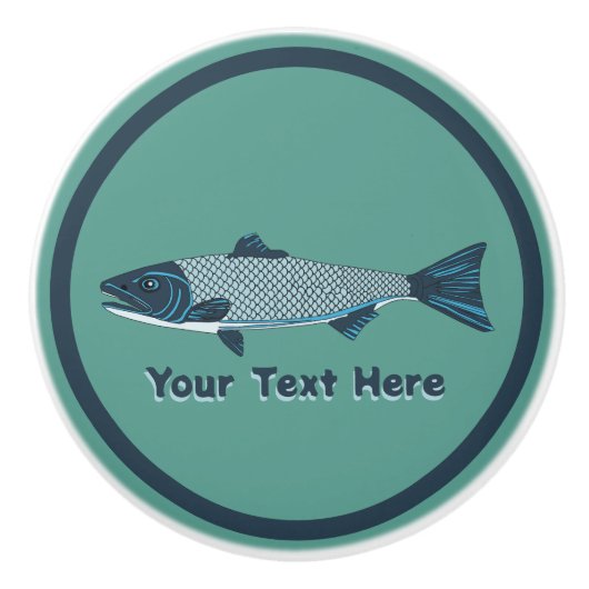 Blauwe Folk Art Forel/Zalm Keramische Knop (Voorkant)