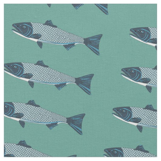 Blauwe Folk Art Forel/Zalm Stof (Close Up)
