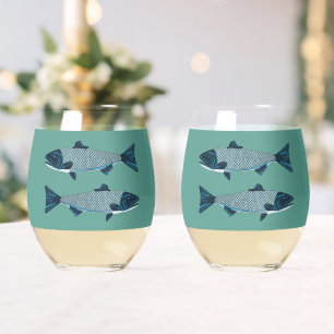 Blauwe Folk Art Forel/Zalm Wijnglas Zonder Voet