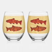 Blauwe Folk Art Forel/Zalm Wijnglas Zonder Voet (Voorkant)