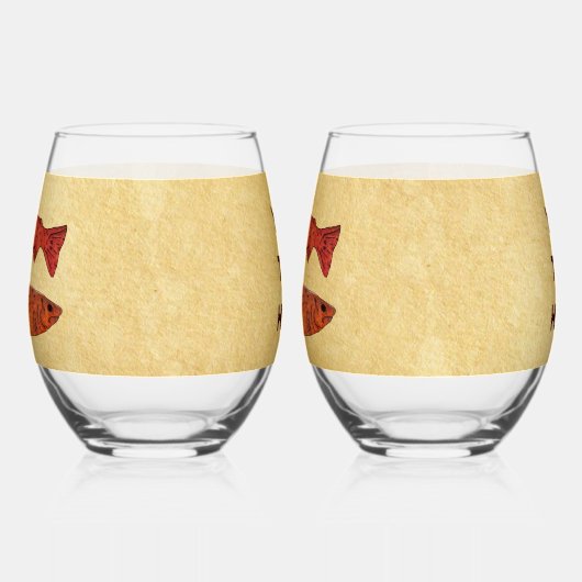 Blauwe Folk Art Forel/Zalm Wijnglas Zonder Voet (Links)