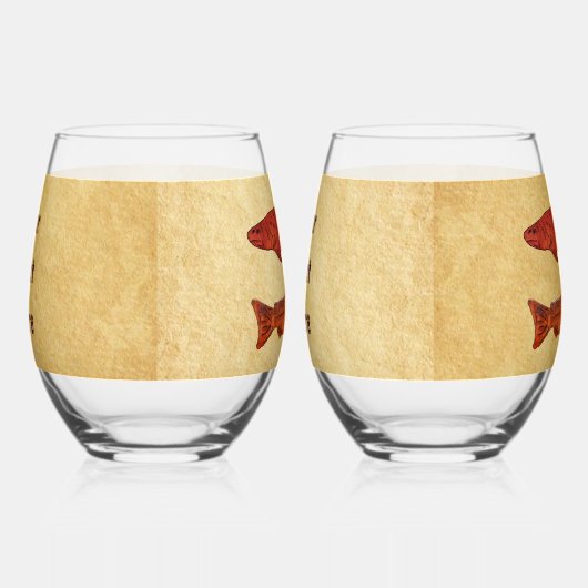 Blauwe Folk Art Forel/Zalm Wijnglas Zonder Voet (Rechts)