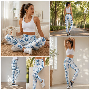 Blauwe Folk Bloemen Patroon Leggings