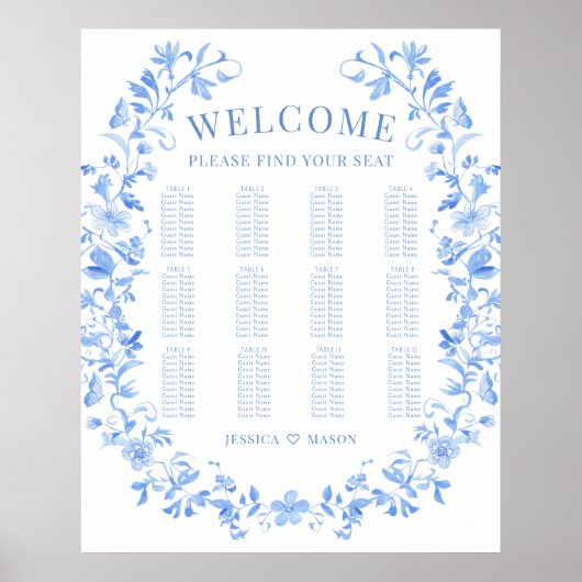 Blauwe folk bloemenkrans boho bruiloft zitgrafiek poster (Voorkant)