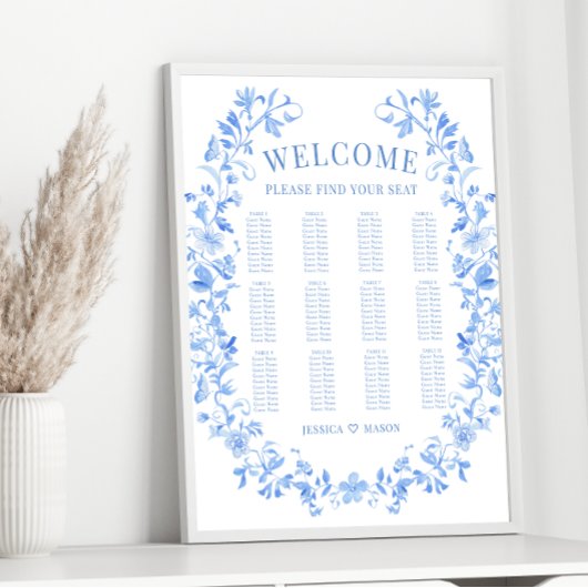 Blauwe folk bloemenkrans boho bruiloft zitgrafiek poster