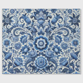 Blauwe folk bloemenpatroon cadeaupapier (Vlak)