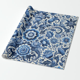 Blauwe folk bloemenpatroon cadeaupapier