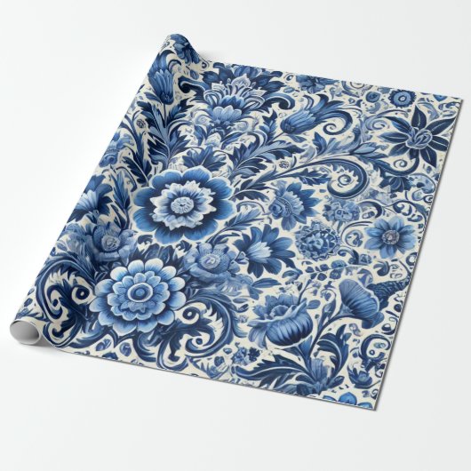 Blauwe folk bloemenpatroon cadeaupapier (Uitgerold)