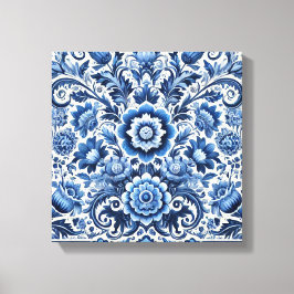 Blauwe folk bloemenpatroon canvas afdruk