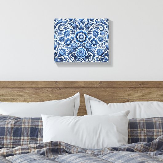 Blauwe folk bloemenpatroon canvas afdruk (Insitu (Slaapkamer))