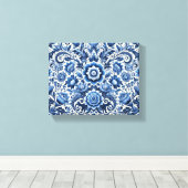 Blauwe folk bloemenpatroon canvas afdruk (Insitu (Houten vloer))