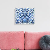 Blauwe folk bloemenpatroon canvas afdruk (Insitu (Woonkamer))