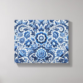 Blauwe folk bloemenpatroon canvas afdruk
