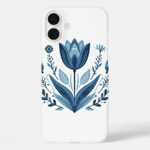 Blauwe folk bloemenpatroon iPhone 16 plus hoesje