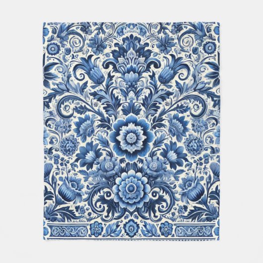 Blauwe folk bloemenpatroon fleece deken (Voorkant)