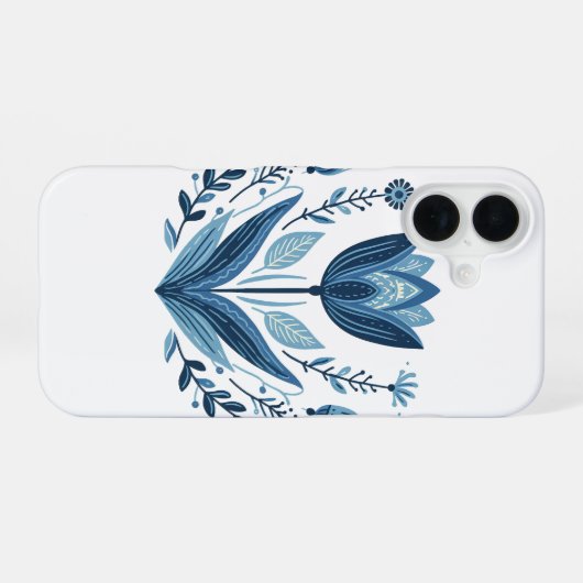 Blauwe folk bloemenpatroon iPhone 16 hoesje (Achterkant horizontaal)
