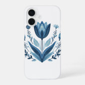 Blauwe folk bloemenpatroon iPhone 16 hoesje (Achterkant)