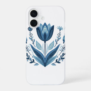 Blauwe folk bloemenpatroon iPhone 16 hoesje