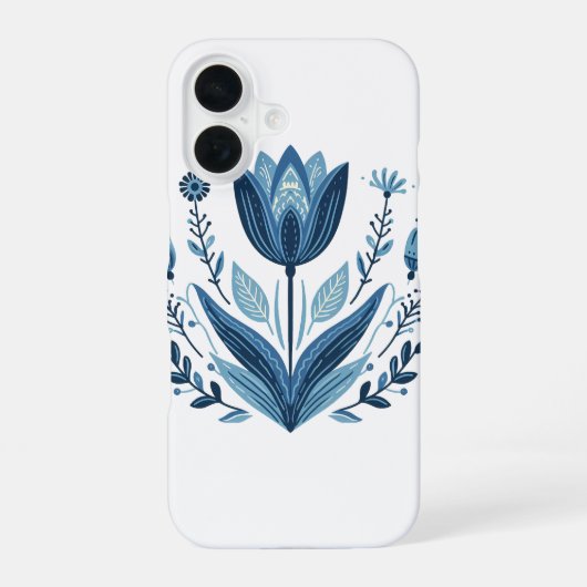 Blauwe folk bloemenpatroon iPhone 16 hoesje (Achterkant)