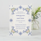 Blauwe Folk Tile Bruiloft Kaart (Staand voorkant)