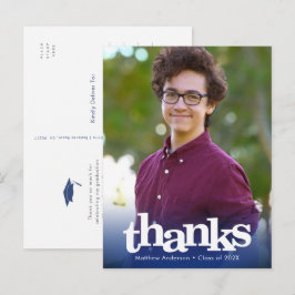 Blauwe foto afstuderen vet typografie dank u briefkaart