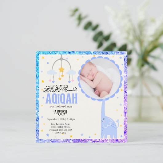 Blauwe foto Aqeeqah- Aqiqah- Uitnodiging (Staand voorkant)