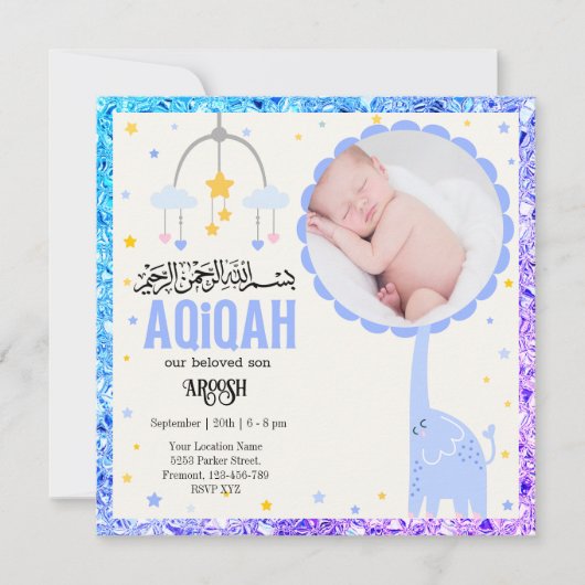 Blauwe foto Aqeeqah- Aqiqah- Uitnodiging (Voorkant)