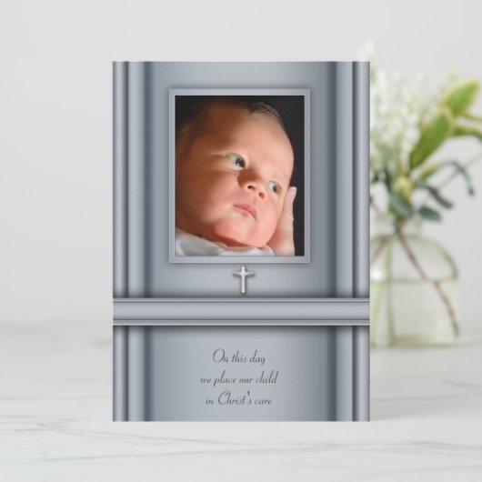 Blauwe foto Baby Boy Doopuitnodigingen Kaart (Staand voorkant)